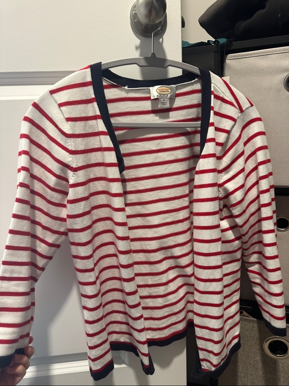 Talbots Red and White Striped Open-Front Cardigan with Navy Trim